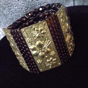 EMBOSSED FLORAL PANELS BRONZED PEACOCK GLASS BEADS STRETCHY WIDE BRACELET 55